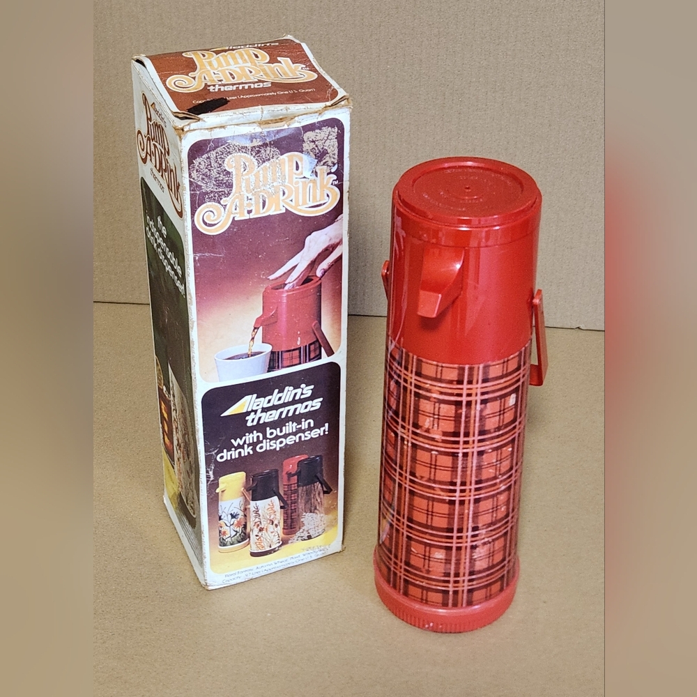 Aladdin Red Plaid Thermos with Drink Dispenser